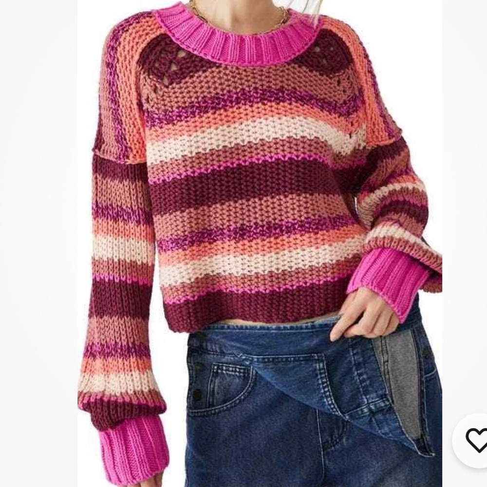 Free people Devon knit striped crew crochet open knit sweater in fuchsia sz S
